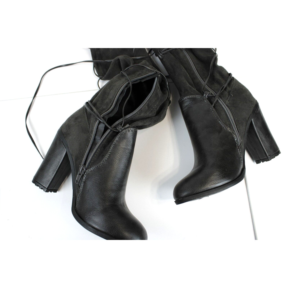 Leila Stone Rayne Suede Lace Up Zip Tall Boots Women 6 Block Heel 3.5" Dark Gray - Picture 11 of 15